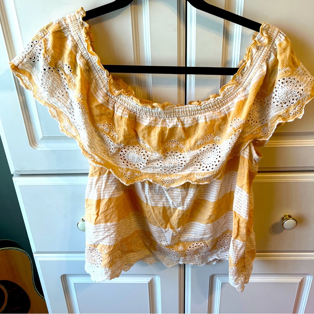 Orange & White Ruffle Off the Shoulder Top American Eagle